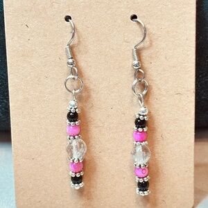 Stainless Steel Dangle Earrings w/Rutilated Quartz, Black Onyx & Crackle Quartz